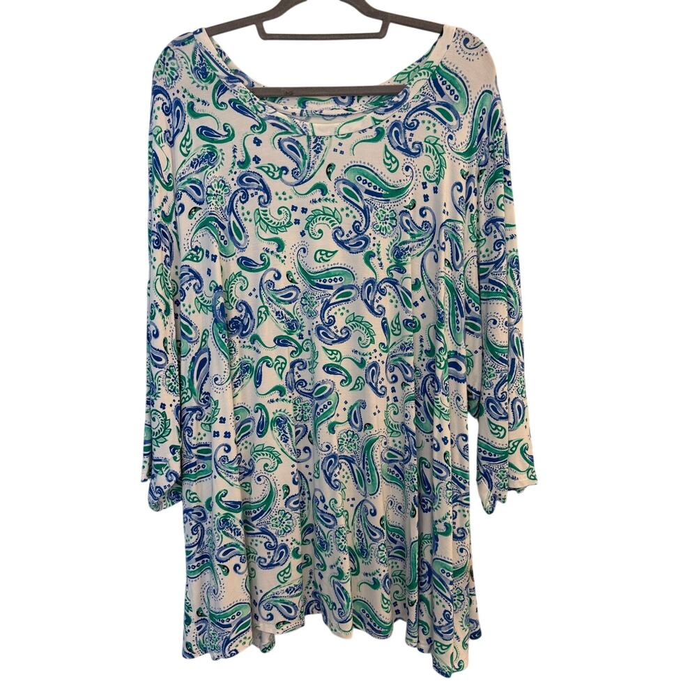 Jessica London Paisley Swing Tunic Top Boho 3/4 Sleeve Plus Size 30 / 32